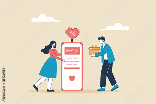 Charity donation, donate online with care to help and support people, giving money or volunteer, mobile social app to help other people concept, man and woman put heart shape into mobile donation app.