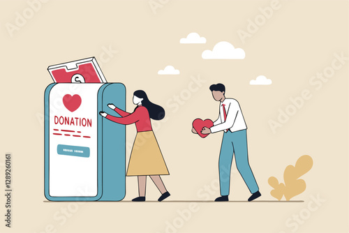 Charity donation, donate online with care to help and support people, giving money or volunteer, mobile social app to help other people concept, man and woman put heart shape into mobile donation app.