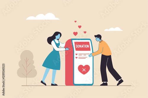 Charity donation, donate online with care to help and support people, giving money or volunteer, mobile social app to help other people concept, man and woman put heart shape into mobile donation app.