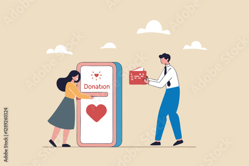 Charity donation, donate online with care to help and support people, giving money or volunteer, mobile social app to help other people concept, man and woman put heart shape into mobile donation app.