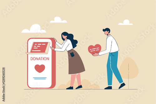 Charity donation, donate online with care to help and support people, giving money or volunteer, mobile social app to help other people concept, man and woman put heart shape into mobile donation app.