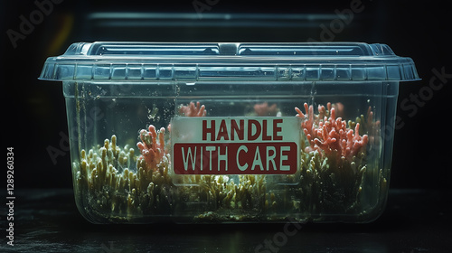 Coral specimens housed in a protective container for marine research at a laboratory during the morning photo