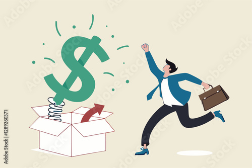 Surprise money or reward, bonus or salary raise, investment profit, dividend or high return stock, lucky giveaway or winning prize concept, happy businessman jumping high opening surprise money box.