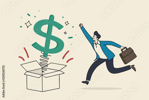 Surprise money or reward, bonus or salary raise, investment profit, dividend or high return stock, lucky giveaway or winning prize concept, happy businessman jumping high opening surprise money box.