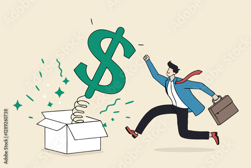 Surprise money or reward, bonus or salary raise, investment profit, dividend or high return stock, lucky giveaway or winning prize concept, happy businessman jumping high opening surprise money box.