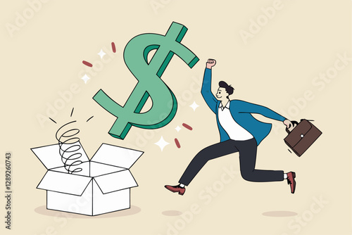 Surprise money or reward, bonus or salary raise, investment profit, dividend or high return stock, lucky giveaway or winning prize concept, happy businessman jumping high opening surprise money box.