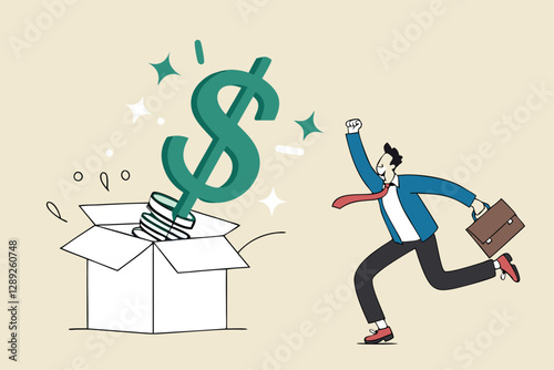 Surprise money or reward, bonus or salary raise, investment profit, dividend or high return stock, lucky giveaway or winning prize concept, happy businessman jumping high opening surprise money box.