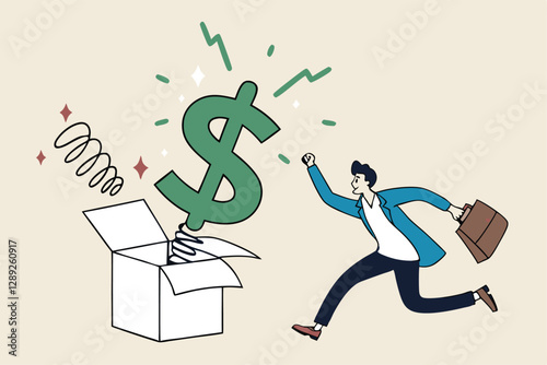 Surprise money or reward, bonus or salary raise, investment profit, dividend or high return stock, lucky giveaway or winning prize concept, happy businessman jumping high opening surprise money box.
