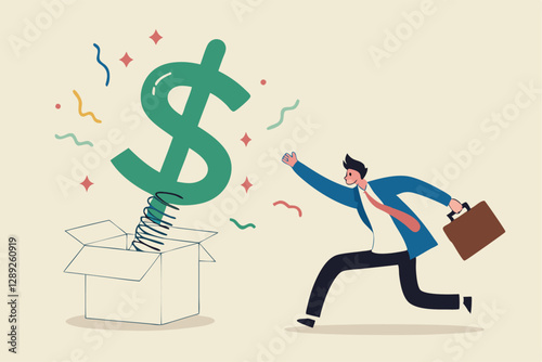 Surprise money or reward, bonus or salary raise, investment profit, dividend or high return stock, lucky giveaway or winning prize concept, happy businessman jumping high opening surprise money box.