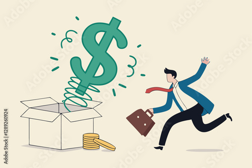 Surprise money or reward, bonus or salary raise, investment profit, dividend or high return stock, lucky giveaway or winning prize concept, happy businessman jumping high opening surprise money box.