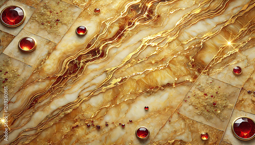 yellow - orange marble with orange crystals and golden rivers