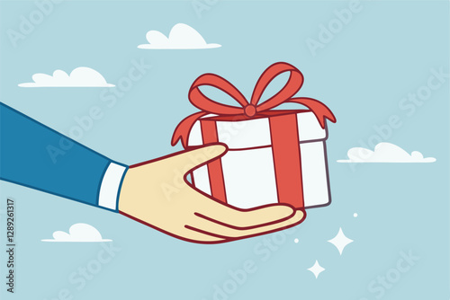 Gift reward program, bonus or surprise present for customer, employee reward or lucky prize, birthday gift box or festive incentive, special loyalty program concept, hand giving gift box with ribbon.