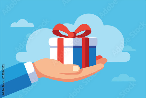 Gift reward program, bonus or surprise present for customer, employee reward or lucky prize, birthday gift box or festive incentive, special loyalty program concept, hand giving gift box with ribbon.