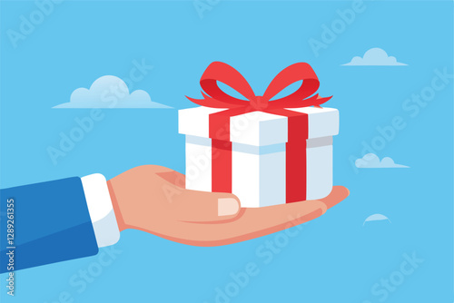 Gift reward program, bonus or surprise present for customer, employee reward or lucky prize, birthday gift box or festive incentive, special loyalty program concept, hand giving gift box with ribbon.