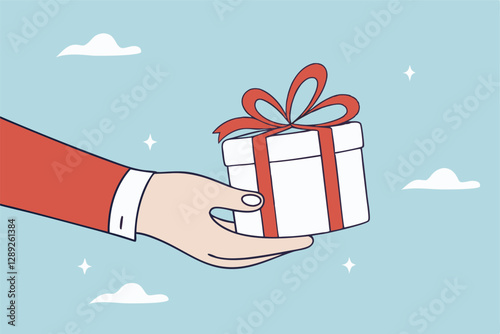 Gift reward program, bonus or surprise present for customer, employee reward or lucky prize, birthday gift box or festive incentive, special loyalty program concept, hand giving gift box with ribbon.