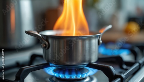 Close-up stainless steel pot on stove with flames igniting gas burner. Modern kitchen interior, hot fire under metal pan. Culinary cooking concept, meal preparation.