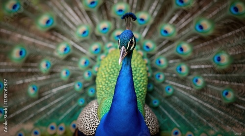 A close-up of a peacock’s fanned-out tail, capturing the intricate details and iridescent colors of the feathers with sharp focus and a blurred background photo