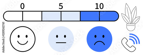 Thermometer indicating satisfaction from 0 to 10, with emotions for happy, neutral, and sad faces plant and call icons. Ideal for feedback, customer service, mood tracking, surveys, emotional