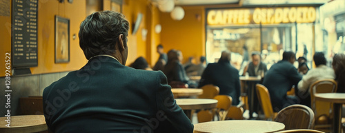 A detective sits alone at a table, closely watching a suspect across the crowded cafe. Patrons are engaged in conversation, adding to the vibrant atmosphere photo