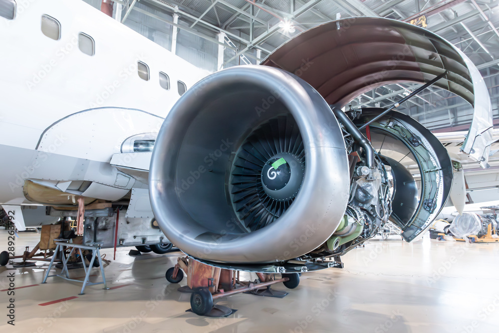Close-up of an open high bypass turbofan aircraft engine of a passenger airliner in airplane hangar Close-up of an open high bypass turbofan aircraft engine of a passenger airliner in airplane hangar