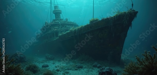 Sunken shipwreck covered in algae, sea life. Rusted, corroded vessel rests on ocean floor in deep blue water. Mysterious eerie underwater scenery for scuba diving.