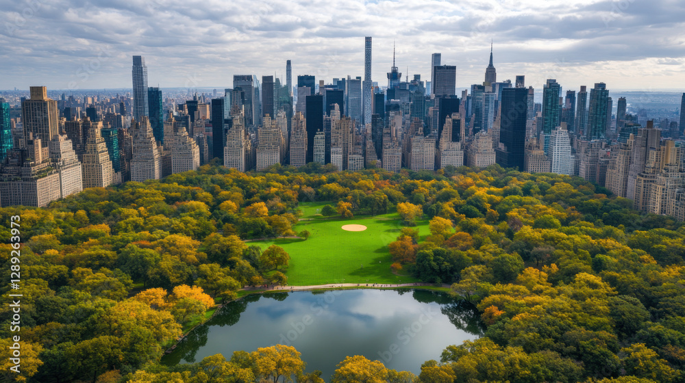 Obraz premium Lush green park filled with trees and a serene lake lies in the heart of a bustling city adorned in autumn hues under a cloudy sky