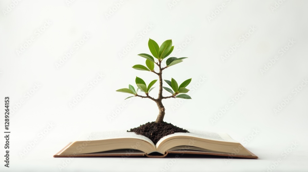 A tiny bonsai tree sprouting from the pages of an open book, set against a minimalist white background A tiny bonsai tree sprouting from the pages of an open book, set against a minimalist white background