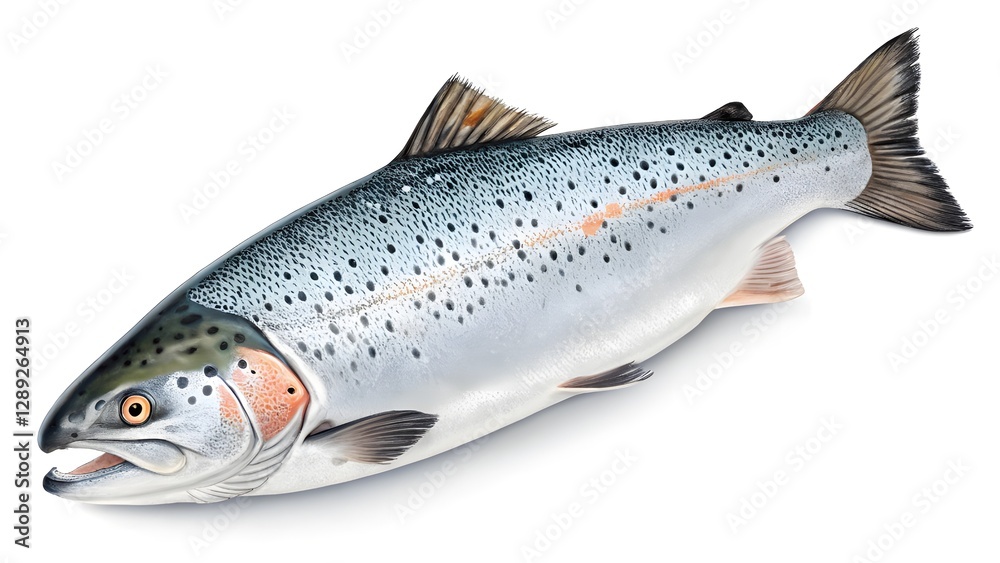 Photorealistic Whole Salmon with Silver Scales and Detailed Fins – High-Resolution Culinary Photography Photorealistic Whole Salmon with Silver Scales and Detailed Fins – High-Resolution Culinary Photography
