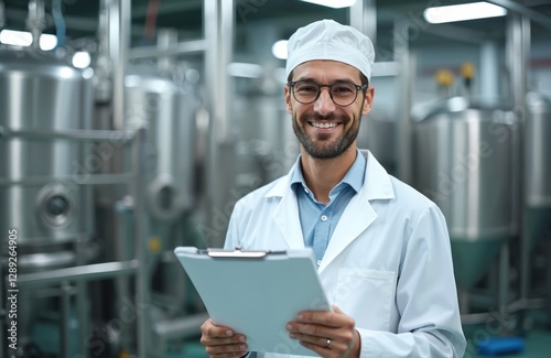 Smiling technologist holds checklist in food processing plant. Industrial worker satisfied with results and quality control. Factory employee in lab coat, white hat and glasses poses at factory.