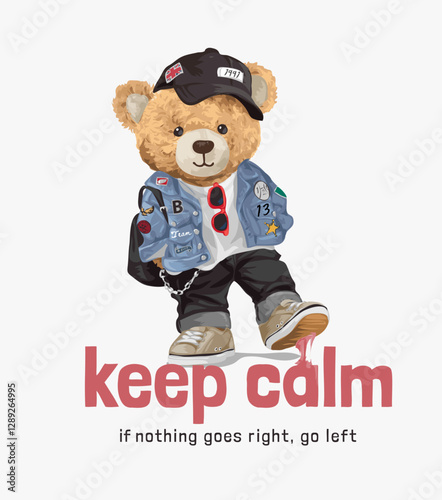 hand drawn cool bear doll stepping on gum vector illustration