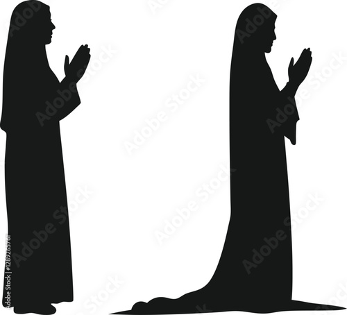 Silhouettes of a set prayer spiritual diversity in modern vector design, Woman muslim praying silhouette vector illustration
