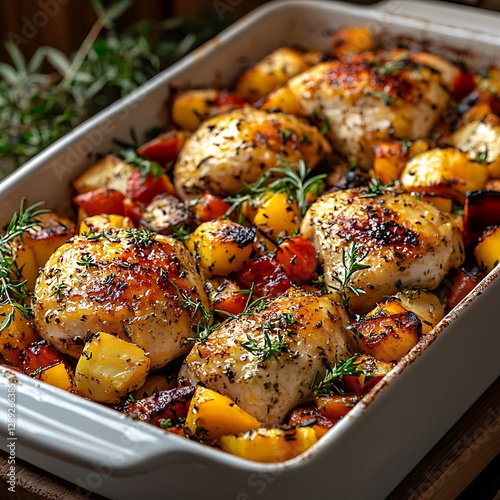 Roasted chicken with herbs and vegetables in a baking dish