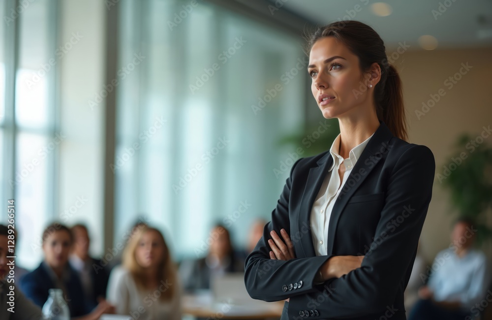 Thoughtful businesswoman in suit stands with folded arms at conference hall. Female coach holds seminar, business training for employees. Public speaker answers questions from auditorium. Thoughtful businesswoman in suit stands with folded arms at conference hall. Female coach holds seminar, business training for employees. Public speaker answers questions from auditorium.