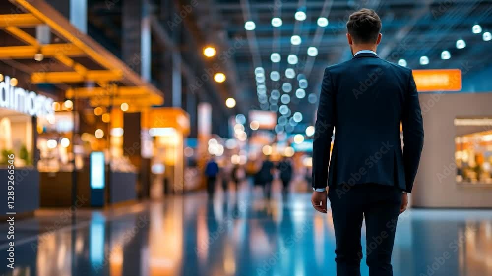 Businessman walking through exhibition hall, blurred background
