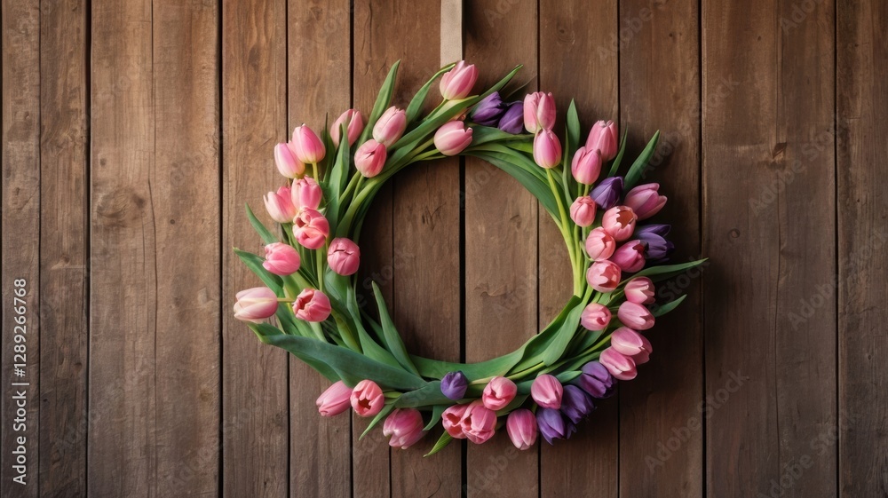 Pink and purple tulip wreath on rustic wooden door, soft sunlight, cozy spring decor for home settings. Pink and purple tulip wreath on rustic wooden door, soft sunlight, cozy spring decor for home settings.