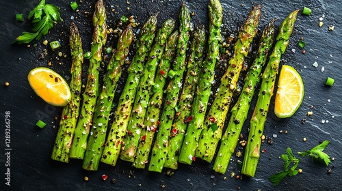 Fresh Roasted Asparagus Seasoned With Spices And Lemon Slices