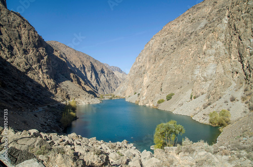 Fototapeta Naklejka Na Ścianę i Meble -  The Third Lake Gushor from the Seven lakes  in the narrow Shing River gorge of Fan Mountains, Tajikistan, Asia