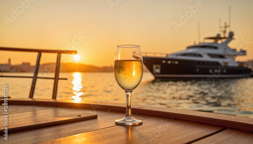 Luxury yacht sailing at sunset with crystal glass, classic refinement