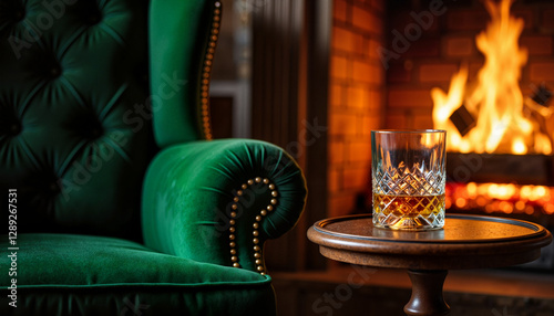 Elegant green velvet chair by roaring fireplace, classic luxury