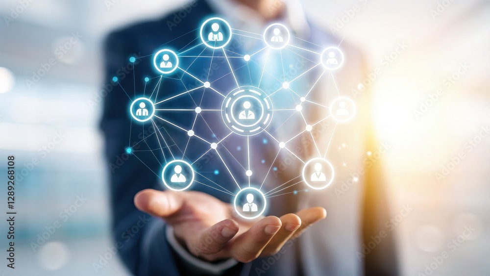 Close-up of business hand holding glowing network connections and user icons in modern office setting for professional use Close-up of business hand holding glowing network connections and user icons in modern office setting for professional use