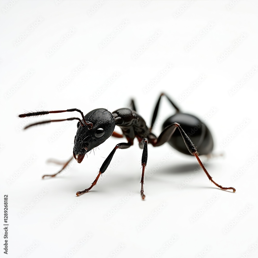 Isolated close-up ant photo on white background. Detailed macro shot insect features segmented body, six legs, antennae, compound eyes. Ant stands alone clear backdrop, creating sharp contrast. Isolated close-up ant photo on white background. Detailed macro shot insect features segmented body, six legs, antennae, compound eyes. Ant stands alone clear backdrop, creating sharp contrast.