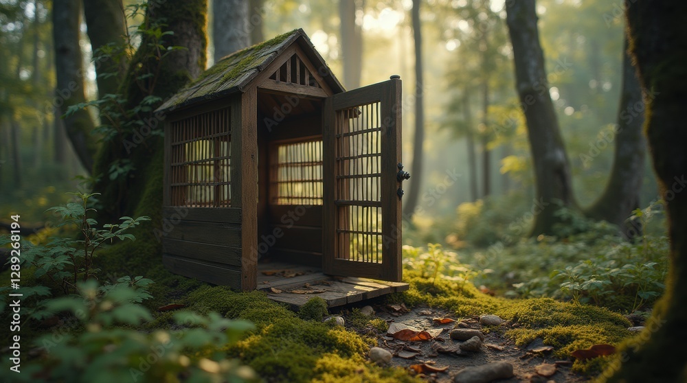 Wooden birdcage with open door on forest floor, soft moss, natural light, serene setting for freedom theme. Wooden birdcage with open door on forest floor, soft moss, natural light, serene setting for freedom theme.
