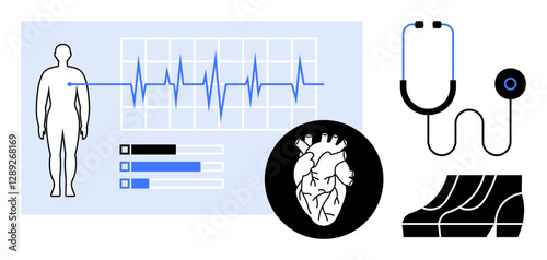 ECG trace with human silhouette, stethoscope, stylized heart illustration, and medical graph. Ideal for cardiology, medical research, healthcare, diagnostics, wellness education digital health