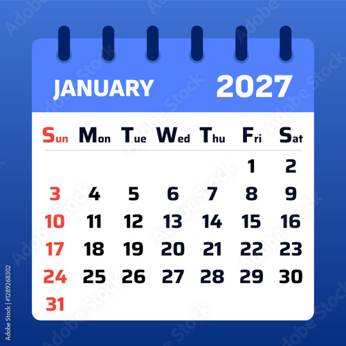 Modern January 2027 calendar template with a clean design, blue tones, and organized layout. Perfect for planning, scheduling, and reminders.