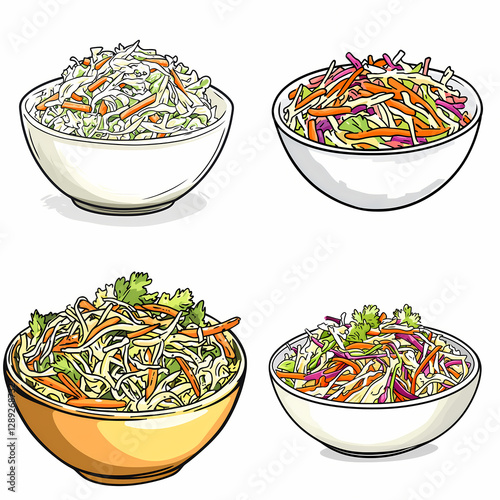Fresh coleslaw salads in various bowls with vibrant colors and textures