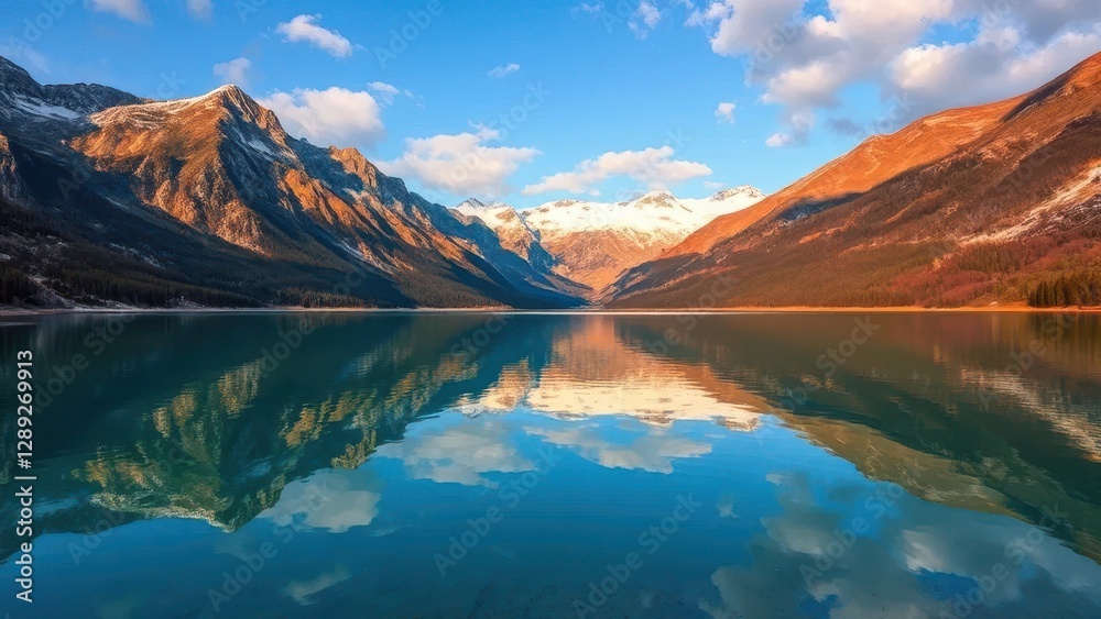 A tranquil lake reflects the majestic grandeur of surrounding mountains, peaceful, landscape A tranquil lake reflects the majestic grandeur of surrounding mountains, peaceful, landscape