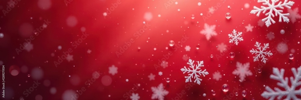 Delicate snowflakes gently fall on a crimson background, frosty, winter