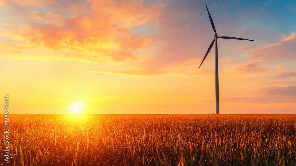 Obraz premium Golden Wheat Field Wind Turbine Sunset