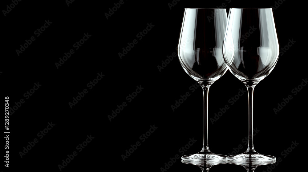 Two elegant wine glasses stand side by side on a dark background, reflecting light. Concept: simplicity, elegance, and luxury. Two elegant wine glasses stand side by side on a dark background, reflecting light. Concept: simplicity, elegance, and luxury.