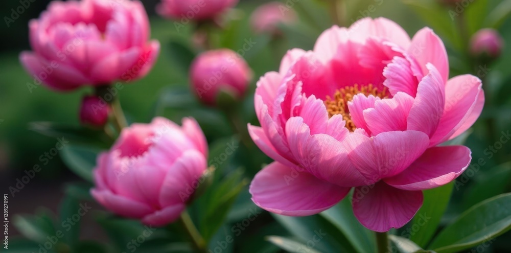 Obraz premium Showy pink peonies with subtle texture and shading, nature, garden blooms, peonies
